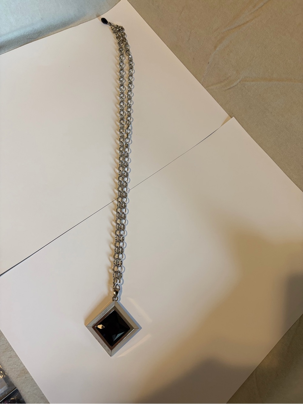 White House Black Market Silver-Tone Chain Necklace with Black Square Pendant